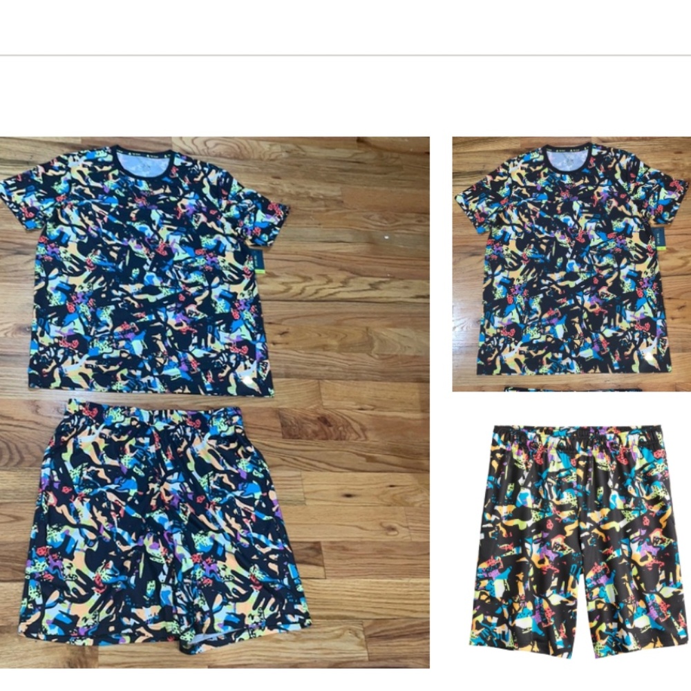 NEW Mens two piece Shorts w Tee Set 90's graphic graffiti colorful print TALL L